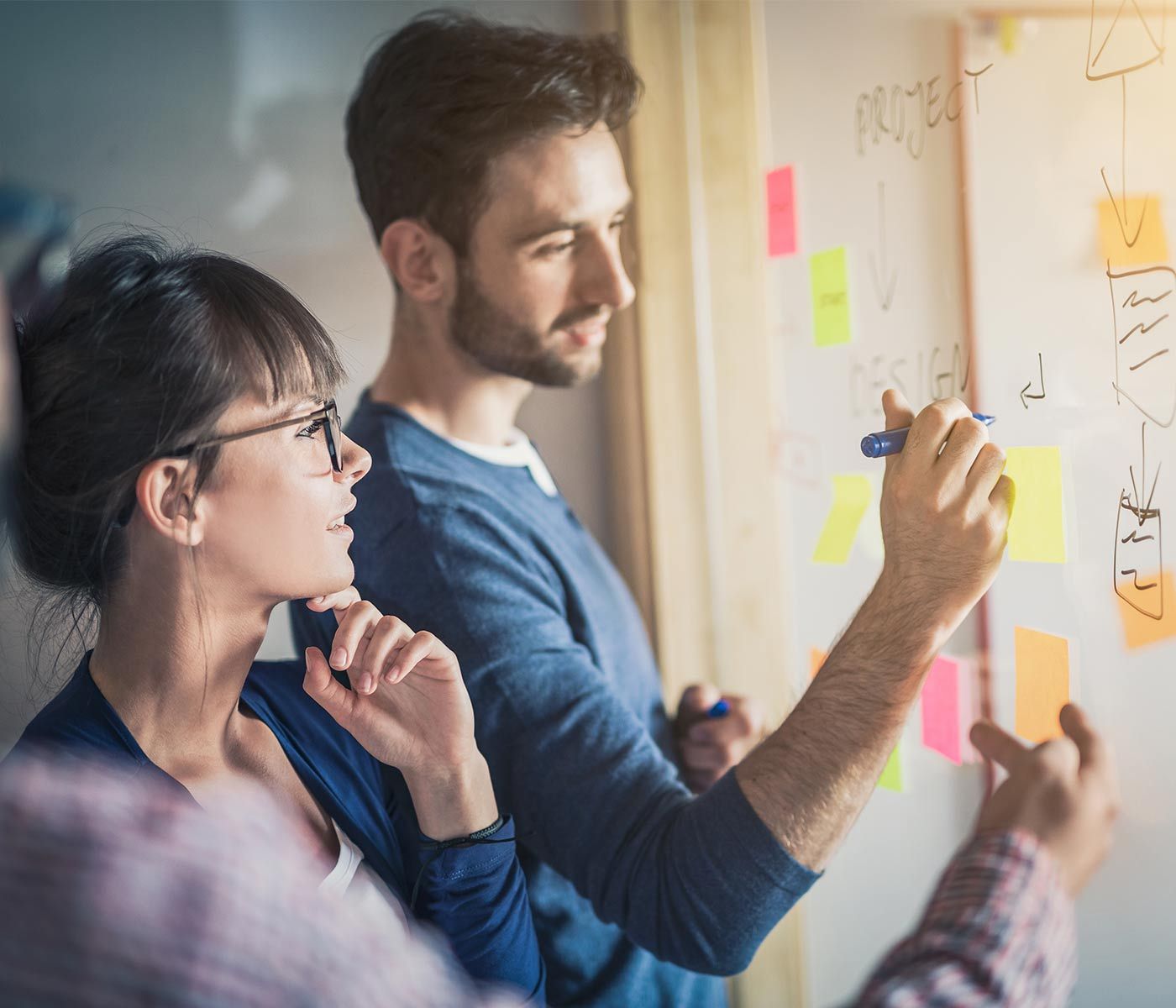 Medewerkers werken in teamverband, schrijven en ordenen notities op een whiteboard.